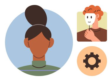 Bir kadın portresi, maske tutan kişi ve ayarlama için vites simgesi. Kimlik, duygular, kendini geliştirme, çeşitlilik, psikoloji, kendini ifade etme takım çalışması için ideal. Basit düz metafor