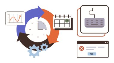 Okları, takvimi, çizelgesi, vitesi, klavyesi ve penceresi olan bir saat. Proje yönetimi, iş akışı, zaman izleme görev verimliliği otomasyonu için ideal basit düz metafor