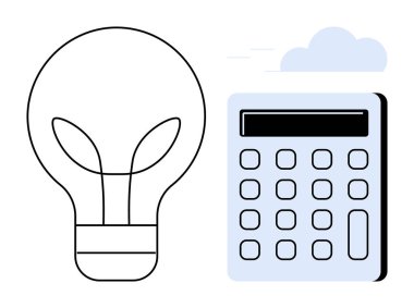 Hesap makinesinin yanında yaprak motifi olan ampul, yeniliği, enerji verimliliğini ve problem çözmeyi sembolize ediyor. Sürdürülebilirlik, araştırma, hesaplama, enerji için ideal