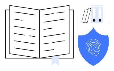 Belge dizinleri ve parmak iziyle kaplı kitap ayracı ve kalkan ile açık bir kitap. Eğitim, koruma, veri güvenliği, organizasyon, mahremiyet, araştırma, hukuk için idealdir. Basit bir düz metafor.