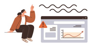 Analitik ekran ile etkileşim halinde olan kadın yukarı doğru eğilim grafiği, hata uyarısı ve yön bulma sekmeleri gösteriyor. Ticari büyüme, sorun çözme, veri analizi, yenilik, uyarılar, teknoloji için ideal