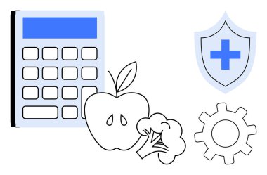 Mavi düğmeli hesap makinesi, elma, brokoli, sağlık haçlı kalkan, ve dişliler refah, beslenme, koruma, hesaplama verimliliği dengesi ve planlama iletir. Sağlık finansmanı için ideal