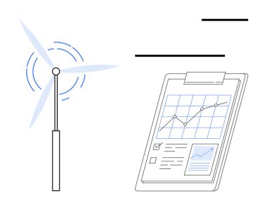 Modern rüzgar türbini rotasyonu veri trendlerini ve grafiklerini gösteren bir pano ile eşleştirildi. Yenilenebilir enerji, veri analizi, sürdürülebilirlik, araştırma, yenilik, ilerleme izleme, basit düz