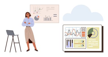 İş kadını, kollarını kavuşturmuş, görsel veri tabloları, gösterge paneli ve analizlerle ayakta duruyor. Takım çalışması, strateji, planlama, büyüme, iş liderliği verimliliği için ideal. Basit düz metafor