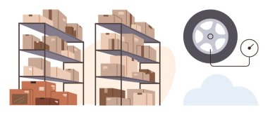 Raflar düzgünce istiflenmiş kutularla dolu. Lastik ve basınç göstergesinin yanında. Depo, lojistik, envanter, organizasyon, kargo, ulaşım, otomotiv için ideal. Basit düz metafor