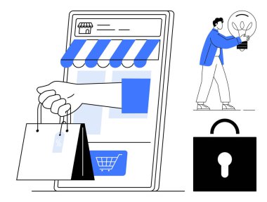 Alışveriş torbalarını gösteren dijital vitrin ekranı, yeniliği sembolize eden ampul taşıyan adam, güvenliği vurgulayan kilit. E-ticaret, yenilik, güvenlik, yaratıcılık, alışveriş, teknoloji için ideal