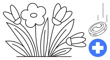 Yapraklı çiçekler, düşen madeni paralar ve tıbbi haç, doğa, sağlık, finans, yardım, sürdürülebilirlik, yatırım ve refahın altını çiziyor. Basit bir düz metafor.