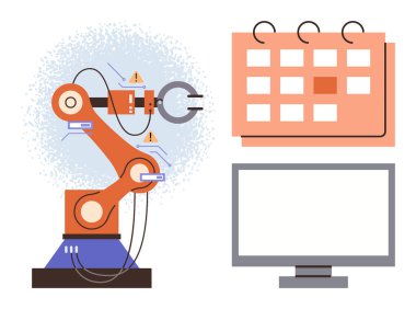 Robot kol devrede, takvim çizelgesi çizelgesi ve otomatik kontrol için bilgisayar. Teknoloji, üretim, üretkenlik, programlama, robotik, iş akışı ve yenilik için ideal