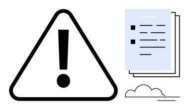 Tehlike üçgeninde ünlem işareti istiflenmiş belgeler ve bir bulut yanında. Dikkat, uyarı, uyarı, risk yönetimi, uyum, hatırlatma, acil mesajlar için ideal. Basit düz metafor