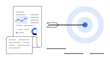 Veri grafikleri ve analizleriyle dolu bir iş raporu hedef merkezini vuran bir okun yanında. Planlama, analitik, strateji, başarı, kesinlik, başarı, doğruluk için ideal. Basit düz metafor