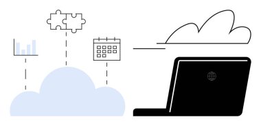 Grafikler, bulmacalar ve takvim simgeleriyle bir bulut sembolüne bağlı dizüstü bilgisayar. Teknoloji, üretkenlik, veri yönetimi, bulut depolama, dijital araçlar, takım çalışması için ideal basit düz metafor