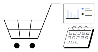 Analiz çizelgesi ve takvimin yanında araç, e-ticaret, planlama ve alım-satımı sembolize eder. Perakende, pazarlama, analitik, satış, zamanlama, iş stratejileri için idealdir.