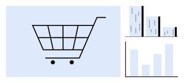 Veri analizi, satış trendleri ve e-ticareti gösteren üç çubuk grafikli alışveriş arabası. İş analizleri, perakende stratejisi, pazarlama, veri içgörüsü, çevrimiçi alışveriş, büyüme takibi için ideal