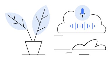 Bulutların yanına mikrofon ve ses dalgaları yerleştirin. Teknoloji, yenilik, doğa, sürdürülebilirlik, büyüme, dijital iletişim, çevre dostu için idealdir. Basit düz metafor