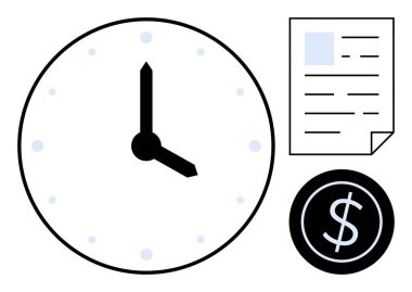 Saat, metin satırlı belge ve zaman yönetimini, üretkenliği, finansal planlamayı, ekonomik değeri, iş stratejisini, verimliliği ve hedef belirlemeyi vurgulayan dolar sikkesi. Basit bir daire için ideal