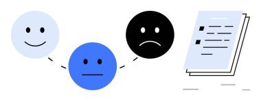 Mutluluğu, tarafsızlığı ve üzüntüyü temsil eden üç duygusal yüz bir kontrol listesinin yanında. Geri bildirim, duygular, anket, değerlendirme, karar verme, kullanıcı deneyimi için ideal basit düz