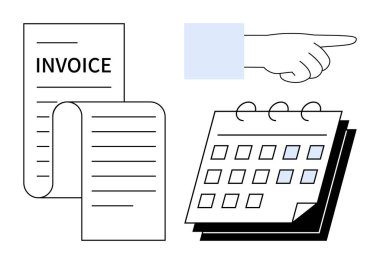 Vurgulanmış tarihleri olan bir takvimin yanında fatura ve işaret eden bir el hatırlatıcıları veya teslim tarihlerini gösterir. Faturalama, finans, planlama, ödeme, organizasyon, zaman yönetimi için ideal, basit bir daire