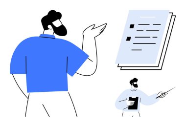 Detaylı rapor sunan, sayfalara doğru hareket eden bir adam. Tutma işaretçisi destekleyici figür. Sunum için ideal, takım çalışması, iletişim, eğitim, eğitim işi raporlama. Basit düz