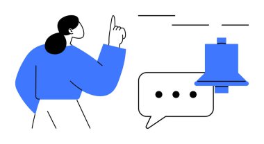 Kadın, uyarı, konuşma balonu ve mesajın önemini vurgulamak için jestler yapar. İletişim, hatırlatma, bağlılık, mesajlaşma, organizasyon bilgi farkındalığı için idealdir. Basit düz