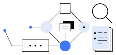 Birbirine bağlı geometrik şekiller, belgeler ve büyüteç veri analizi, iş akışı, araştırma, bağlantı, karar verme, organizasyon ve süreç tasarımını belirtir. Basit düz metafor için ideal