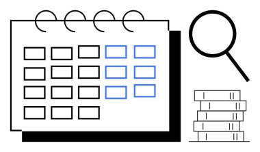 Vurgulanmış tarihli takvim, büyüteç ve kitap yığını zaman yönetimi, organizasyon ve araştırmayı temsil ediyor. Program, verimlilik, eğitim ve strateji eğitimi için ideal