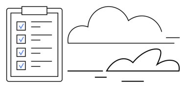 Arkaplanda bulutlar olan panodaki kontrol listesi takım çalışmasını, verimliliği ve bulut tabanlı görev yönetimini sembolize eder. İşbirliği, dijital araçlar, planlama, organizasyon, iş akışı için ideal