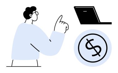 Erkek jestleri dizüstü bilgisayar ve dolar işaretinin yanında, çevrimiçi çalışmayı, finansal planlamayı, teknoloji yönetimini, iş danışmanlığını, e-ticareti, uzaktan çözümleri ve temiz bir ortamda başarı stratejilerini sembolize ediyor