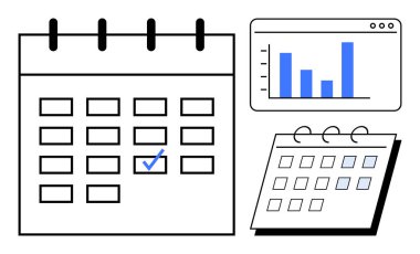 İşaretli günü olan büyük takvim, farklı görüntüler için daha küçük takvim ve bir çubuk grafiği. Planlama, planlama, verimlilik, proje yönetimi, teslim tarihleri, organizasyon için ideal düz metafor