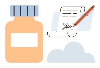 İlaç şişesi imzalı dijital reçete belgesi, kalem ve bulutun yanında. Sağlık, tıbbi teknoloji, teletıp, dijital imza, reçete, e-sağlık basit düz metaforu için ideal