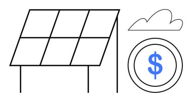Güneş paneli yapısına bir dolar para ve bulut eşlik ediyor. Enerji tasarrufu, yenilenebilir enerji, sürdürülebilirlik, eko-dostluk, çevresel etki, temiz teknoloji, basit düz