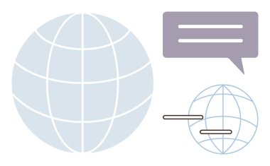 Şebeke hatları, sohbet baloncuğu ve dünya çapındaki bağlantıyı, mesajlaşmayı ve dijital etkileşimi temsil eden daha küçük çaplı bir dünya. Teknoloji, iletişim ve küreselleşme için ideal