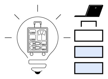 Çantanı ampulün içinde aç seyahat fikirlerini ve paketleme çözümlerini sembolize et. Dizüstü bilgisayara ve basamaklara bağlı diyagram. Organizasyon, planlama, verimlilik, yaratıcılık, yenilik, iş akışı için ideal