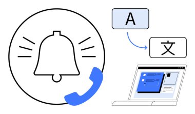 Alarm alarmları, telefon, çok dilli semboller ve dijital içerikli dizüstü bilgisayar için çan. İletişim, çeviri, uyarı, dil öğrenme, erişilebilirlik için ideal basit düz