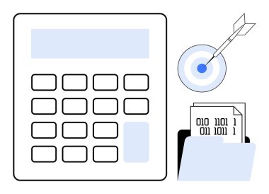 Bir dizindeki ikili kod dosyalarının yanında hesap makinesi ve bir okla birlikte hesaplamalar, veri yönetimi ve doğruluğa ulaşma anlamına gelir. Analiz, kodlama, finans, strateji için ideal