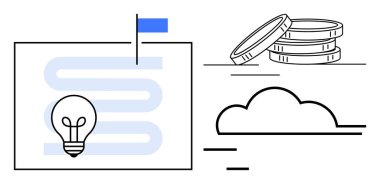 Hedef bayrağının yanında ampul, bozuk para yığını ve bulut yeniliği, finansal başarıyı ve vizyonu temsil eder. Strateji, başarı, planlama, yenilik yaratıcılık liderlik ekip çalışması için ideal