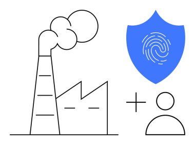 Baca dumanı yayan fabrika, parmak izli mavi kalkan, kullanıcı simgesi. Sanayi güvenliği, siber güvenlik, veri koruması, kimlik güvenliği, mahremiyet, güvenlik protokolleri için ideal