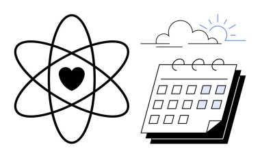 Atomik yörüngedeki kalp, bulutların arkasındaki güneş ve spiral takvim bağlantıyı, zamanı, zamanlamayı, bilimi, yeniliği, aşkı ve refahı ön plana çıkarıyor. Eğitim teknolojisi planlamak için ideal