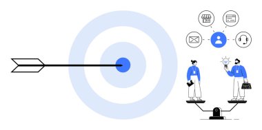 Ok hedefi vuruyor, profesyoneller fikirleri tartıyor, strateji simgeleri yukarıda. Takım çalışması, karar verme, liderlik, hedef belirleme, iletişim stratejisi odaklama için ideal. Basit düz