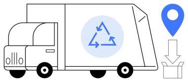 Dairesel ok sembollü geri dönüşüm kamyonu, navigasyon pimi ve kutu simgesi. Geri dönüşüm, lojistik, çevreci farkındalık, atık yönetimi, çevresel bakım seyrüsefer için ideal. Basit düz