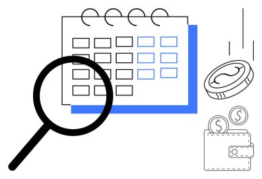 Takvim, sikke, cüzdan ve düşen madeni para simgesi üzerine büyüteç, mali planlama, bütçe düzenlemesi, zaman yönetimi, yatırım analizi, gider takibi, tasarruf stratejilerini temsil eder
