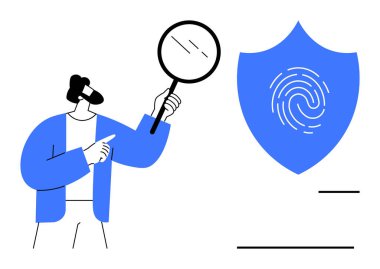 Elinde büyüteç tutan adam kalkanı parmak iziyle gösteriyor. Analizi, güvenliği, kimlik doğrulamasını temsil ediyor. Teknoloji, araştırma, güvenlik, kimlik doğrulama, araştırma için ideal