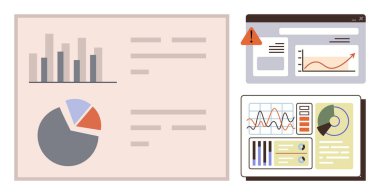 Çubuk grafik, pasta grafiği, alarm sembollü gösterge panelleri analitik, raporlama ve karar verme mekanizması. İş, istatistik, pazarlama, finans stratejisi araştırmaları için idealdir.