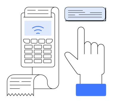 Ödeme terminali yazdırma makbuzu, bağlantısız aktarım için kullanıcı giriş kartı. Finans, teknoloji, iş, alışveriş, dijital cüzdan, nakit ödeme, basit düz metafor