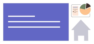 Metin satırlarıyla gösterge paneli arayüzü, istatistik gösteren pasta grafiği ve bir ev simgesi. Analiz, veri görselleştirme, uzaktan çalışma, organizasyon, teknoloji, konut piyasası eğilimleri için ideal