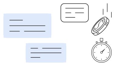 Metin satırlı notlar, izleme süresi için kronometre ve kararlar için yazı tura atmalar iş akışını, organizasyonu ve verimliliği vurguluyor. Planlama, zaman yönetimi, karar verme, odaklanma için ideal