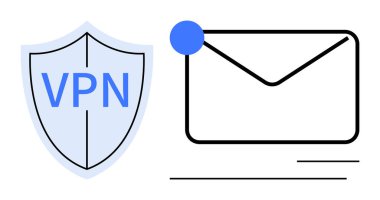 Güvenli iletişim ve veri gizliliğini sembolize eden bir posta zarfının yanında VPN metni olan bir kalkan. Siber güvenlik, e-posta şifreleme, dijital güvenlik, veri koruması, VPN hizmetleri, gizlilik için ideal