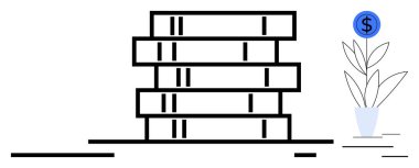 Mali büyümeyi, eğitimi ve sürdürülebilirliği temsil eden bir dolar işareti olan bir saksının yanında istiflenmiş kitaplar. Finans, eğitim, yatırım, kişisel büyüme ve bilgi için ideal