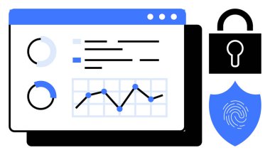 Analitik gösterge paneli, grafikler, kilit ve parmak izi kalkanı. Veri takibi, siber güvenlik, mahremiyet, teknoloji dijital koruma iş stratejisi için idealdir. Temiz ve basit bir daire.