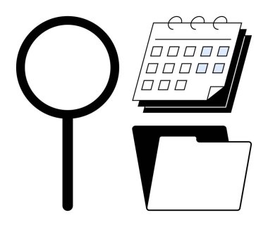 Tarzlanmış büyüteç, takvim ve klasör soruşturma, zamanlama ve belge yönetimini sembolize ediyor. Araştırma, planlama, iş akışı, iş verimliliği yönetimi için ideal