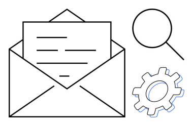 Mektup, teçhizat ve büyüteç içeren, iletişimi, teknik ayarları ve aramayı vurgulayan zarfı aç. E- posta yönetimi, teknoloji, yönetim, optimizasyon soruşturması için ideal